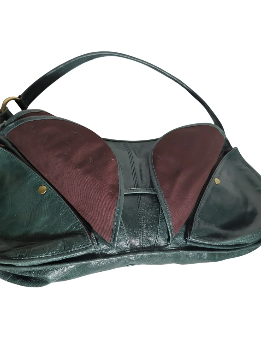 Y2K Trina Turk Dark Green Leather Patchwork Butterfly Crescent Hobo Shoulder Bag